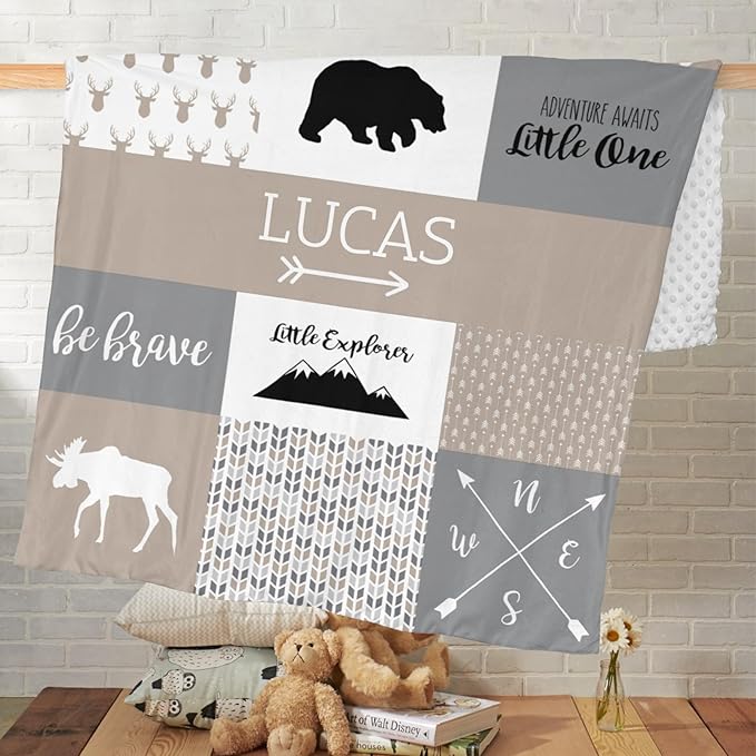 Personalized Baby Blanket for Boys Super Soft Double Layer with Dotted Backing, Lovely Woodland Animal Design Blanket for Toddler Newborn, Polyester, Mocha Meringue, 35 x 45 Inch