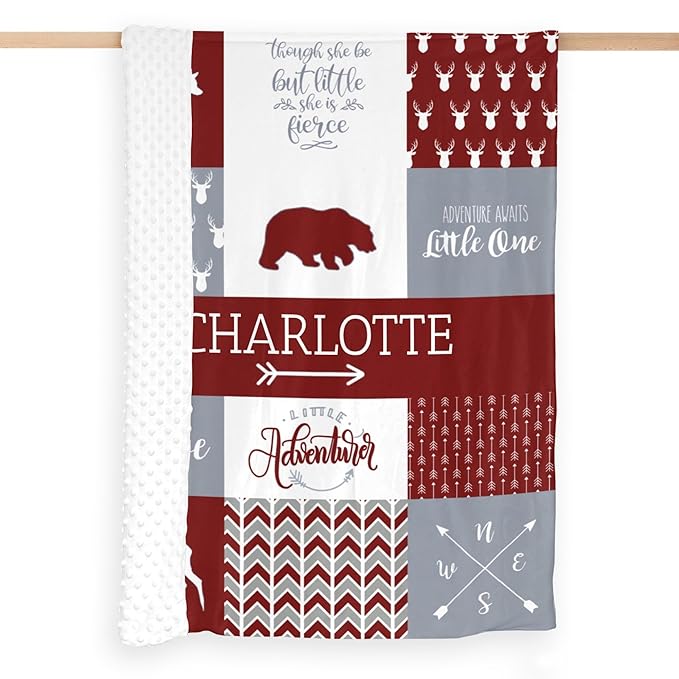 Personalized Baby Blanket, Woodland Baby Blankets for Girls, Super Soft Nursery Blankets with Cotton Front and Dotted Fleece Backing, Printed Bed Throws Newborn, Red Dahlia