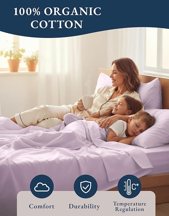 LANE LINEN 100% Organic Cotton Fully Elasticized King Sheet Set, Low Pilling Fade Resistant Machine Washable Naturally Cooling King Bedding Set, Soft & Comfy Cotton Sheets - Orchid Petal
