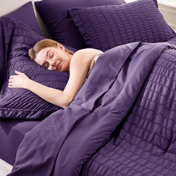 CozyLux King Size Comforter Set Purple Seersucker 7 Pieces Bed in a Bag King Comforter Set with Sheets, Luxury Soft Bedding Set with Down Alternative Comforter, Sheets, Pillowcases & Shams All Seasons