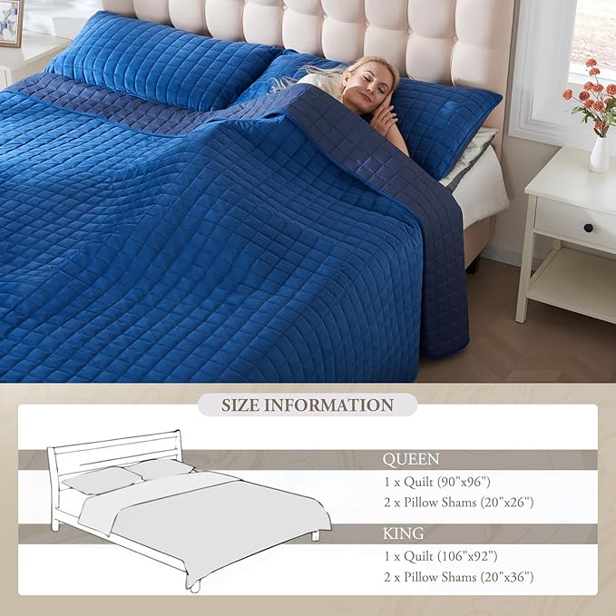 Luxury Velvet Quilt Set Queen Size, Comforter Set with Pillow Shams, Soft Lightweight Bedspread Coverlet Bedding Sets for All Seasons, Navy Blue