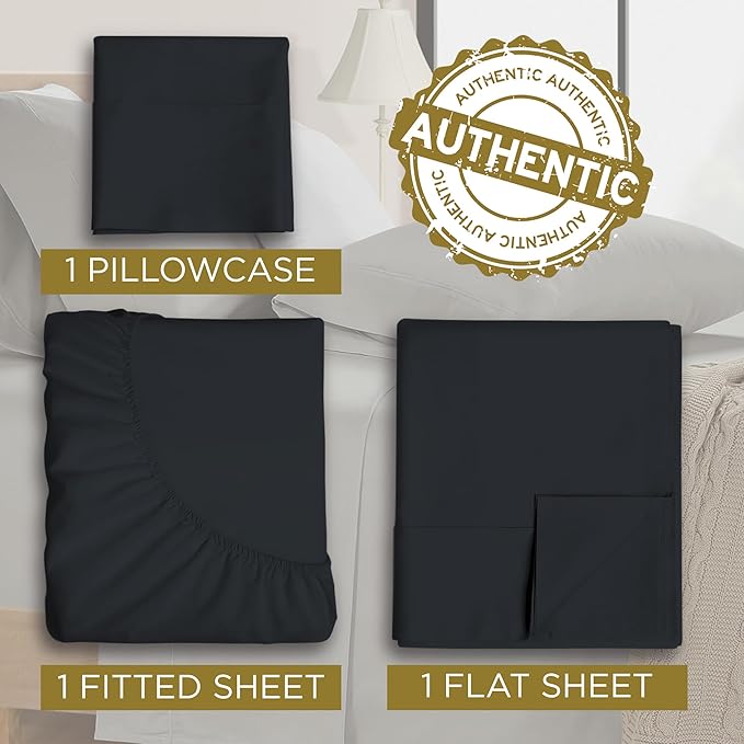 Twin XL 100% Microfiber Double Brushed Sheet Set - Extra-Soft & Wrinkle-Free - 15" Deep Pockets, 39" x 80" - Ideal for Dorms, Hospitals & Split King Beds - 3 PC Set (Twin XL, Black)