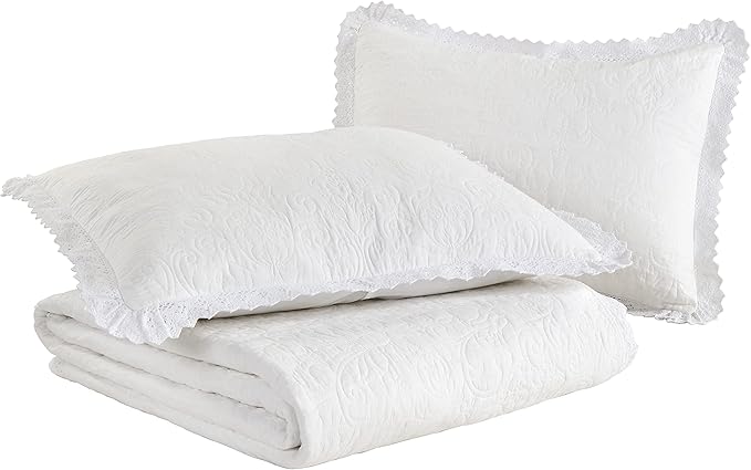 Laura Ashley - Twin Quilt Set, Reversible Cotton Bedding with Matching Sham, Pre-Washed Home Decor for Added Softness (Heirloom Crochet White, Twin)