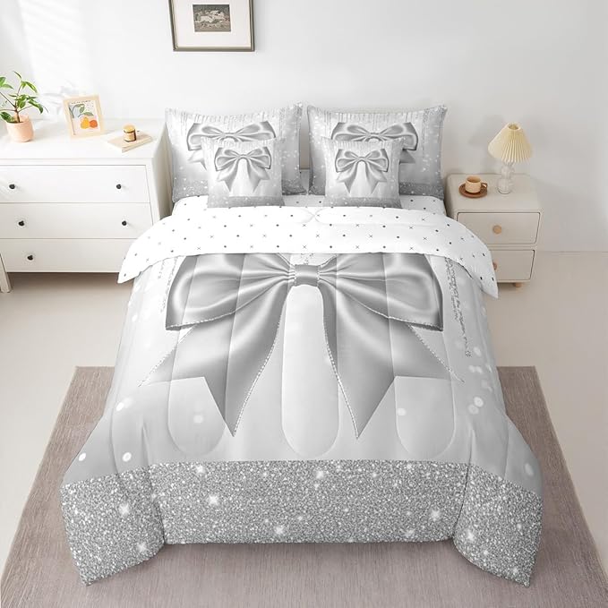 Feelyou Bowknot Comforter Set King Size 7 Pieces Dreamy Princess Bedding Set for Kids Boys Girls Glitter Bed in a Bag with Comforter, Sheets, Pillowcases, Cushion Covers Cute Bow Quilted Soft