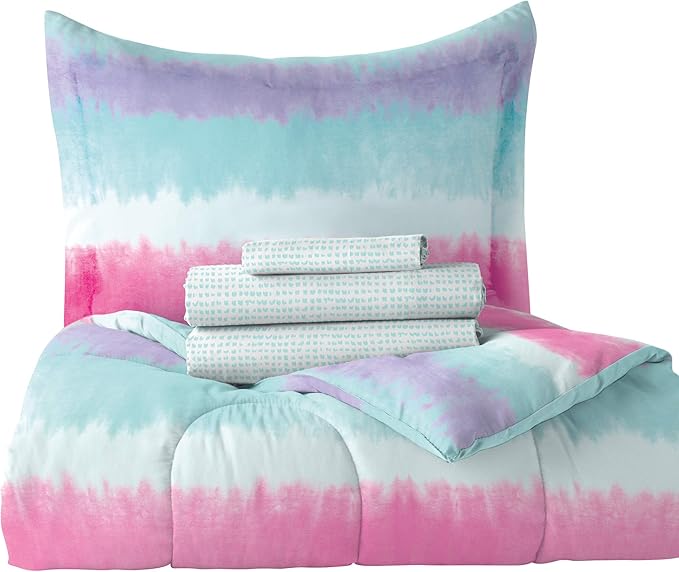 dream FACTORY Tie Dye Stripe 5-Piece Microfiber Bag Comforter Bedding Set Super Soft-Twin, Purple Multi,2D871601MU