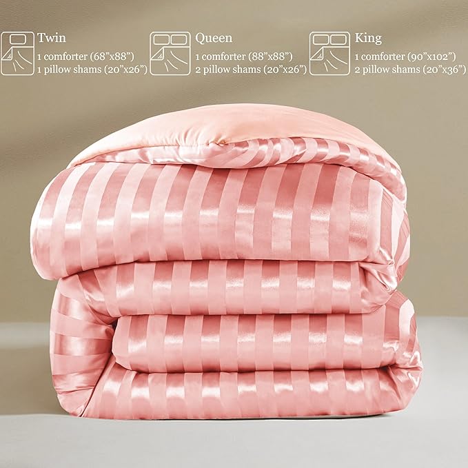 Whale Flotilla 3-Piece Reversible Silky Soft Queen Comforter Set, Luxury Stripe Satin Comforters Full Size Bedding Set with 2 Satin Pillowcases, Lightweight Duvet for All Seasons, Pink