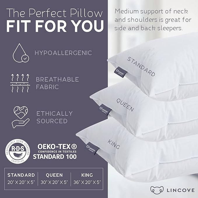 Lincove Down and Feather Luxury Hotel Collection Bed Pillows for Sleeping Made in The USA - 100% Cotton Shell, 600 Thread Count - Soft Hypoallergenic (King Size, Pack of 1)