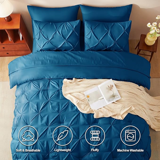 CozyLux Queen Comforter Set Teal, 7 Pieces Pintuck Bed in A Bag, Premium Teal Comforter Queen Size, Pinch Pleat Bedding Sets with Comforter, Sheets, Pillowcases & Shams