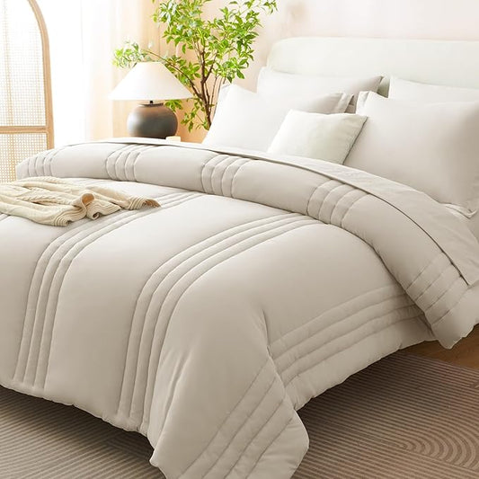CozyLux Oversized Queen Comforter Set - 7 Pieces Bed in a Bag Beige Comforter Set with Sheets Luxury Bed Set All Seasons, Soft Bedding Set with Down Alternative Comforter, Sheets, Pillowcases & Shams