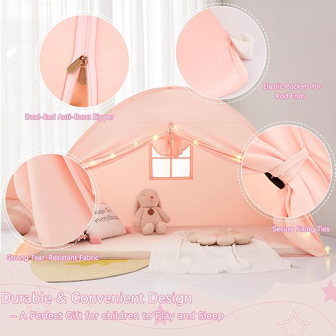 Akiky Bed Tent Bed Canopy Twin Size with Bottom,Kids Tent with Lights Portable Foldable Bunk Bed Curtains for Girls Boys (Pink, Twin)