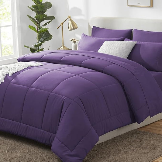 CozyLux Full Size Comforter Sets Purple, 7 Pieces Bed in a Bag, Purple Comforter Full Size, All Season Bedding Sets with Stitch Quilted Comforter, Flat Sheet, Fitted Sheet, Pillowcases