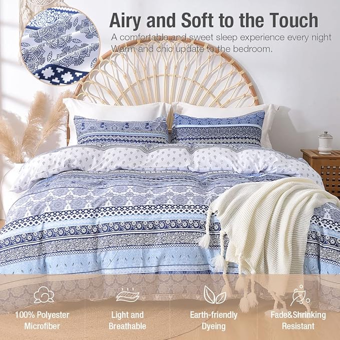 Lekesky Boho Queen Size Duvet Cover Set, Boho Blue Retro Comforter Cover Queen Size Floral Striped Printed, Luxury Soft Microfiber Bedding Set with Zipper Ties