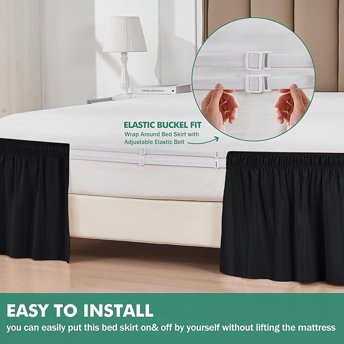 Biscaynebay Wrap Around Bed Skirts with Split Corners for King Beds 16" Drop, Black Elastic Dust Ruffles Adjustable Easy Fit Wrinkle & Fade Resistant Silky Luxurious Fabric Machine Washable
