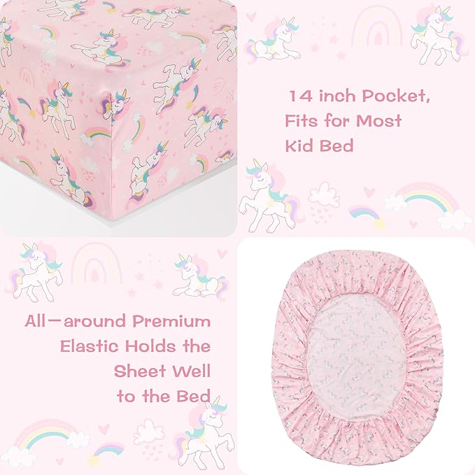 Kids Sheet Set Twin Size 3 Pcs, Girls Sheet Set with Pink Unicorn Pattern，Kids Girls Twin Fitted Sheet，Breathable & Silky Soft Microfiber Fitted Sheet