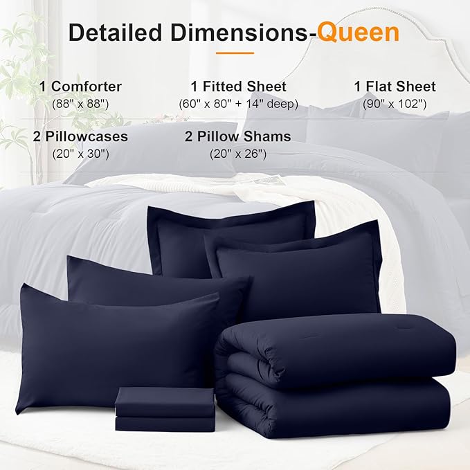 Queen Comforter Set 7 Piece - Soft Bed in a Bag Queen Size Comforter Sets, Cozy Bedding Sets with Down Alternative Comforter, Flat Sheet, Fitted Sheet, 2 Pillowcases & 2 Shams, Navy Blue