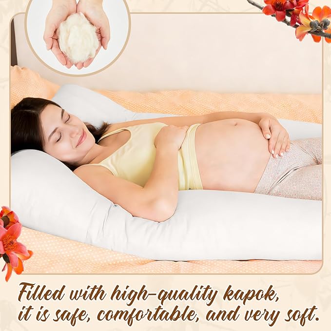 Leinuosen Pregnancy Pillow U-Shape Full Body Maternity Pillows 63 Inch Natural Kapok Fiber Filled with Breathable Cotton Shell for Legs, Back, Neck, Shoulder, HIPS, Belly for Pregnent Women