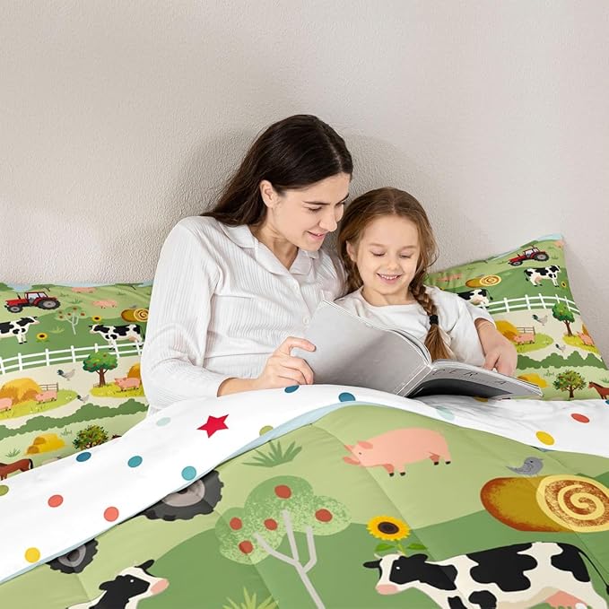 Feelyou Kids Cartoon Farm Animals Comforter Set Girls Boys Cute Pig Cow All Season Down Comforter Kawaii Horse Chicken Duck Bedding Set Room Decor Funny Farm Nursery Quilt Twin Size 2Pcs Boys