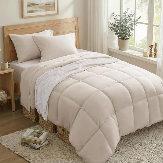 Anluoer Twin Size Bed in a Bag 5 Pieces, Beige Bed Comforter Set with Sheets, All Season Bedding Sets with 1 Comforter, 1 Pillow Sham, 1 Pillowcase, 1 Flat Sheet, 1 Fitted Sheet