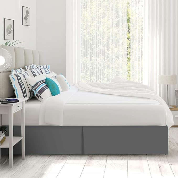 Pleated Bed Skirt 20 Inch Drop Queen Size – Wrinkle-Free Microfiber – Dust Ruffle with Split Corners Dark Grey