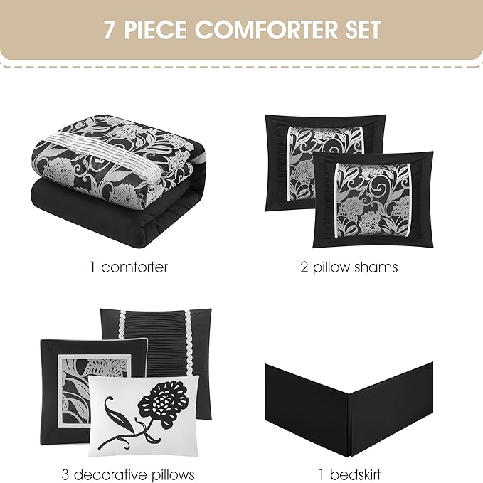 Grand Avenue Black Sliver Comforter Set Queen Size, 7 Piece Jacquard Floral Bedding Set, All Season, Ultra-Soft, Matching Pillows & Shams, Bed Skirt