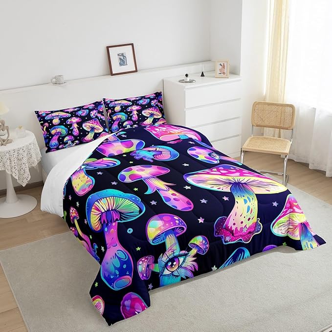 Mushroom Comforter Set Full,Kawaii Trippy Botanical Bedding Set Psychedelic Plant Down Comforter For Kids Girls Teens Women Cartoon Cute Mushroom Room Decor Quilt Duvet Set With 2 Pillow Cases Black