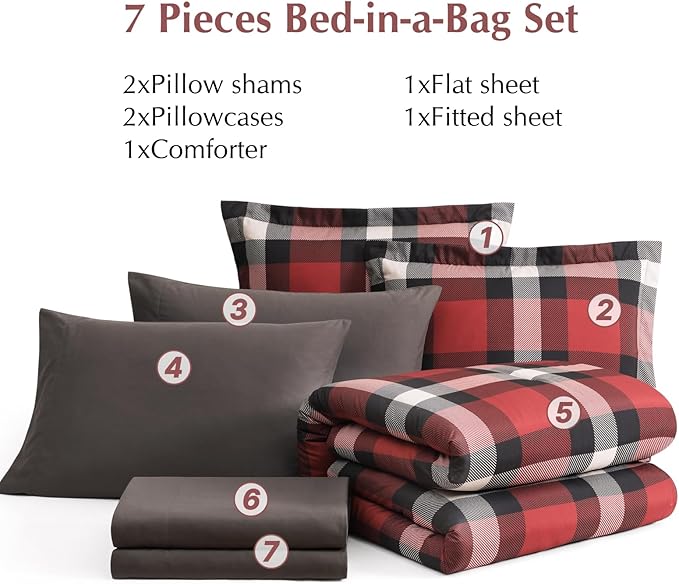 Full Size Comforter Set, Red Plaid Bedding Set 7 Pieces for Boys Girls, Classic Checkered All Season Bed in a Bag for Dorm with Sheets, Pillowcases & Shams