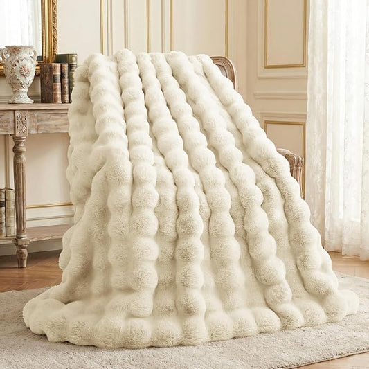 L'AGRATY Faux Rabbit Fur Blanket: 50" x 60" Luxury Soft Fluffy Thick Fur Throw Blanket for Couch Bed Sofa - Cozy Plush Bubble Blankets for Winter: Warm Flannel Fleece Decorative Blanket(Almond White)