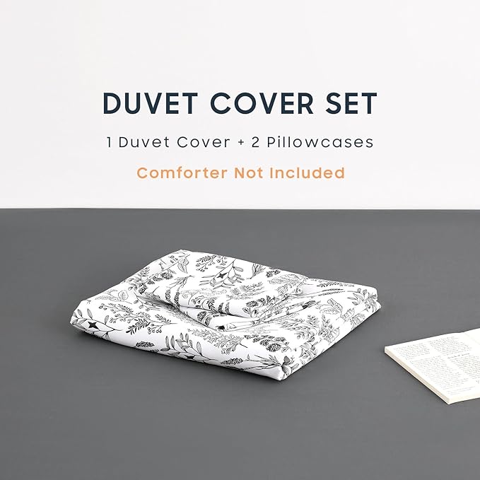 Wake In Cloud - Floral Duvet Cover Set, Botanical Vintage Flower Coquette Cottagecore Aesthetic for Women Teen Girls, Soft Lightweight Bedding, 3-Piece, Charcoal, Queen Size