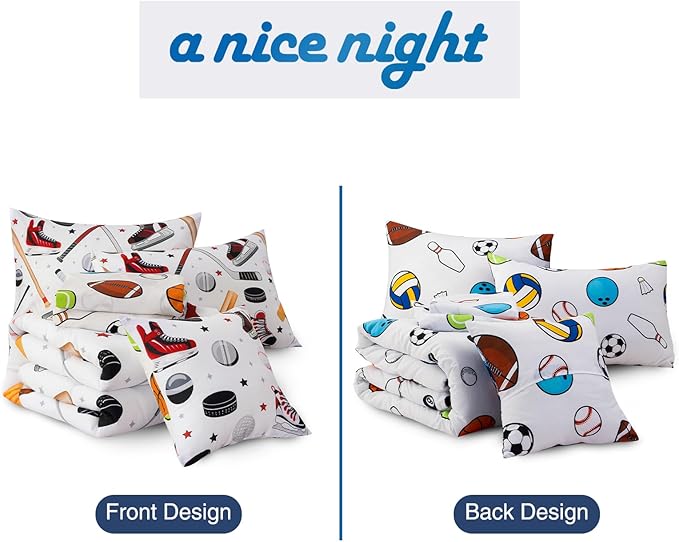 A Nice Night 6Pcs Full Sports Bedding Set for Boys, Full Comforter with Ice Skates, Baseball Bat & Hockey Design(White)