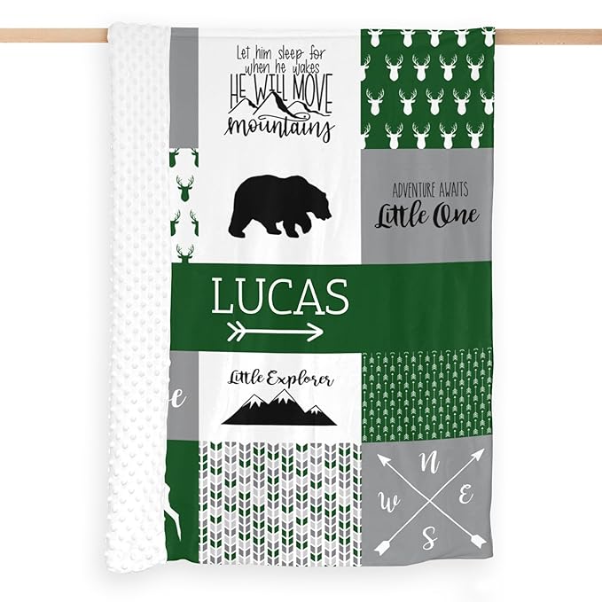 Personalized Baby Blankets for Boys, Baby Blanket for Boys with Name, Soft Plush Receiving for Newborns - Essential Baby Items, Woodland Bear Forest Green 35x45 Inches