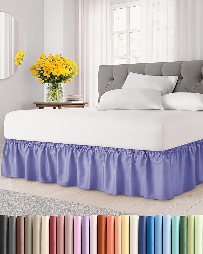 Wrap Around Dust Ruffle Bed Skirt - Lavender - for King Size Beds with 18 Inch Drop - Easy Fit Elastic Strap - Adjustable Pleated Bedskirt w/Brushed Fabric Wrinkle Free - for Women, Men, Kids & Teens
