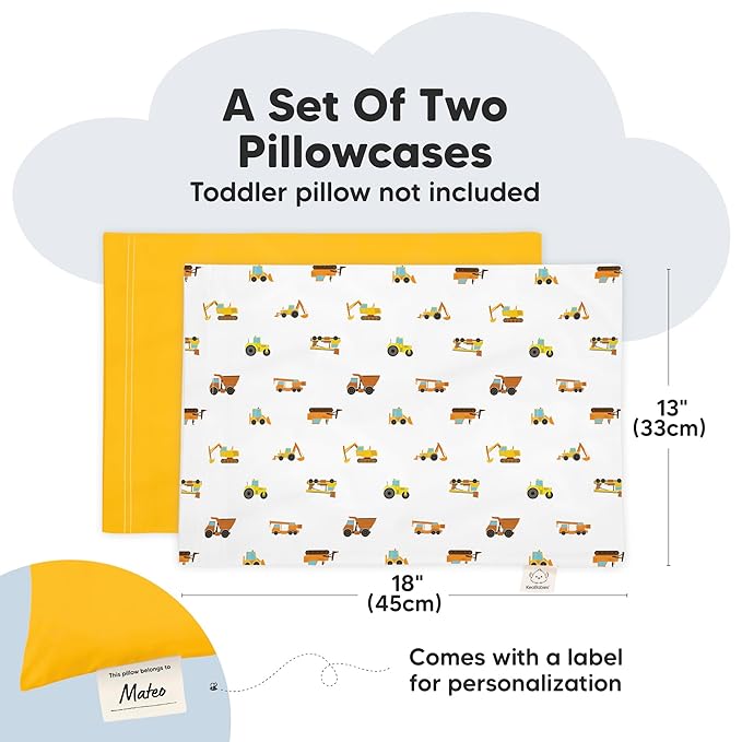 KeaBabies 13 x 18 Toddler Pillowcase, 2-Pack Waterproof - Soft Waterproof Toddler Pillow Protector Cover for Kids, Boys, Girls, Machine Washable, Small Travel Pillow Sold Separately (Construction)