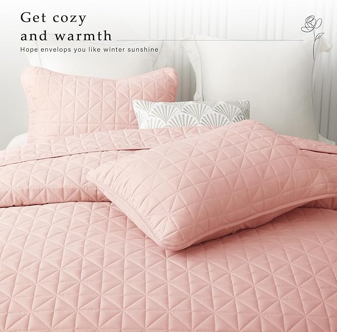 Exclusivo Mezcla Quilts Queen Size Bedding Set with Stitched Grid Pattern, Lightweight Summer Pink Bedspreads Coverlets Bed Cover for All Seasons (1 Quilt and 2 Pillow Shams)