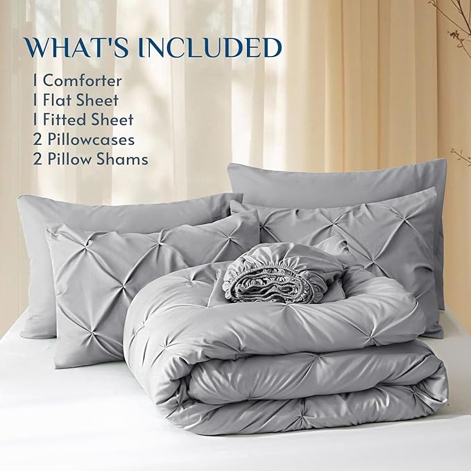 JOLLYVOGUE California King Comforter Set 7 Pieces - Bed in a Bag Cal King for All Season, Pintuck Bedding Comforter Sets with Comforter, Flat Sheet, Fitted Sheet and Pillowcases & Shams, Light Grey