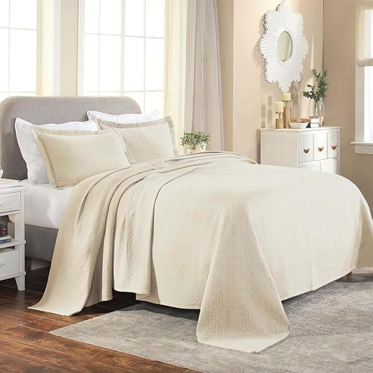 Superior 3 Piece Basketweave Cotton Bedspread Set, Home Bed Decor, Decorative Bed Spread, 2 Pillow Shams, Medium Weight Blanket, Matelasse Coverlet Bedding, Geometric Lattice Pattern, Queen, Ivory
