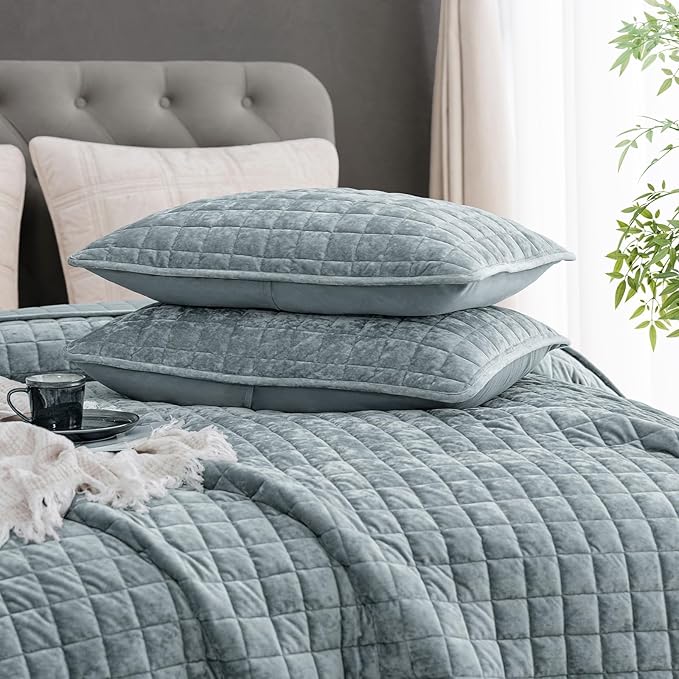 PHF Luxurious Velvet Quilt Set Twin Size – 2PCS Super Soft Quilted Comforter Alternative with Square-Box Quilt Pattern, Warm Quilted Bedspread Coverlet, 68" x 92", Dusty Blue