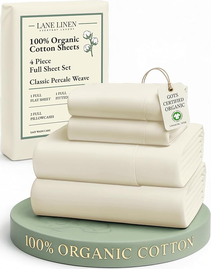LANE LINEN 100% Organic Cotton Full Sheets Set, 4-Piece Pure Organic Cotton Percale Sheets, Long Staple Cotton Sheet, Ultra Soft Bedding Sheet, Breathable,Fits Mattress Upto 15" Deep - Natural