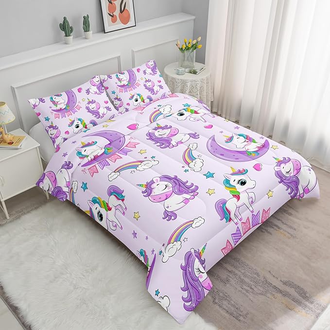 Axolotl Purple Unicorn Comforter Set Twin Size,Girls Bedding Set,Cute Unicorn Rainbow Bedding Set with Stars for Kids Girls Teens Adults Women,1 Comforter with 2 Pillowcase Unicorn Gifts for Girls