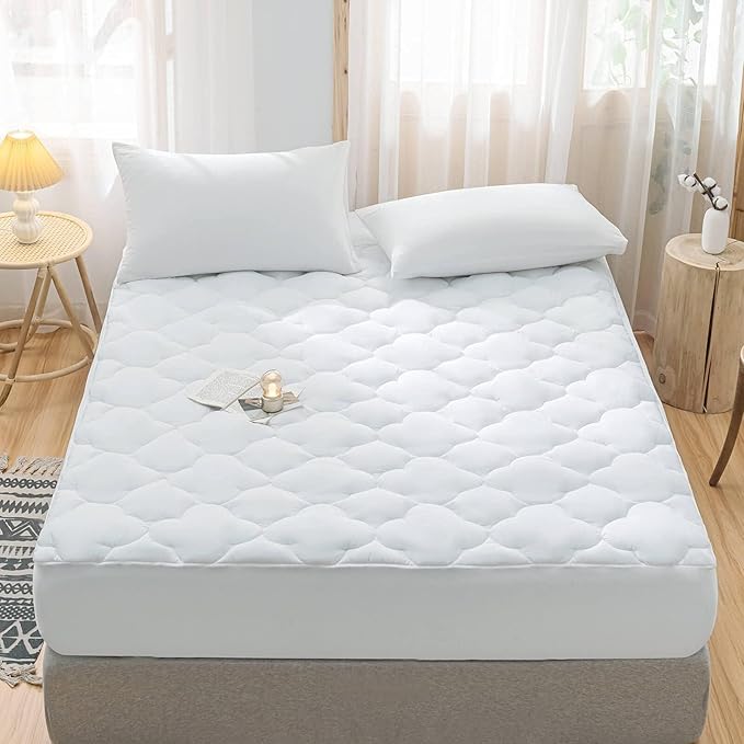 WhatsBedding Waterproof Mattress Pad Twin Size Cotton Top Down Alternative Filling Pillowtop Mattress Topper Cover-Fitted Quilted Pure White(Twin Mattress Pad)