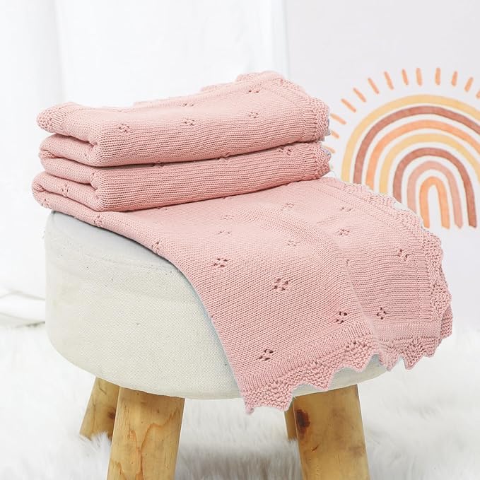 mimixiong Cotton Baby Blanket Knitted Crochet Receiving Crib Nursery Swaddling Blankets for Newborn Baby Boy Girl Pastel Pink 30x40 Inch (Pack of 1)…