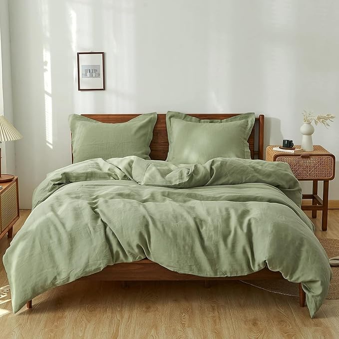 Simple&Opulence 100% Linen Duvet Cover Set 2pcs Natural French Basic Style Washed Flax Solid Color Breathable Soft Farmhouse Bedding with Button Closure (Sage Green, Twin)