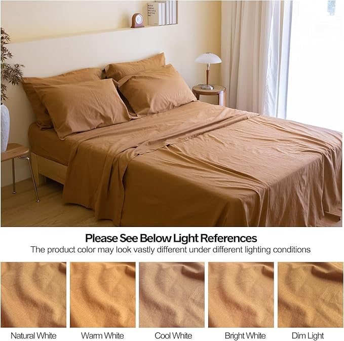 Simple&Opulence Belgian Linen Sheet Set Solid Color - 6 Pieces (1 Flat Sheet & 1 Fitted Sheet & 4 Pillowcases) 16" Deep Pocket Natural Flax Cotton Blended Soft Bedding - Rust, California King