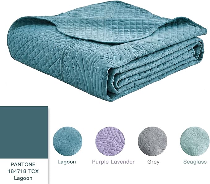 HZ & HY Oversized King Bedspread 138x122 Extra Wide, Ultrasonic Coverlet Bedding Set, Lightweight Thin Comforter, Reversible, 5 Piece, 100% Microfiber, California/Alaskan King, Lagoon
