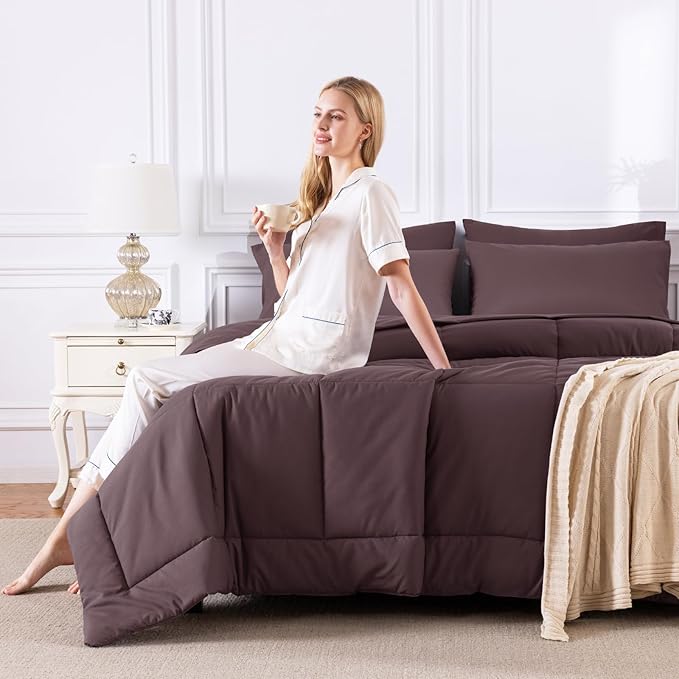 CozyLux Queen Size Comforter Sets Cocoa Powder, 7 Pieces Bed in a Bag, Cocoa Powder Comforter Queen Size, All Season Bedding Sets with Stitch Quilted Comforter, Flat Sheet, Fitted Sheet, Pillowcases