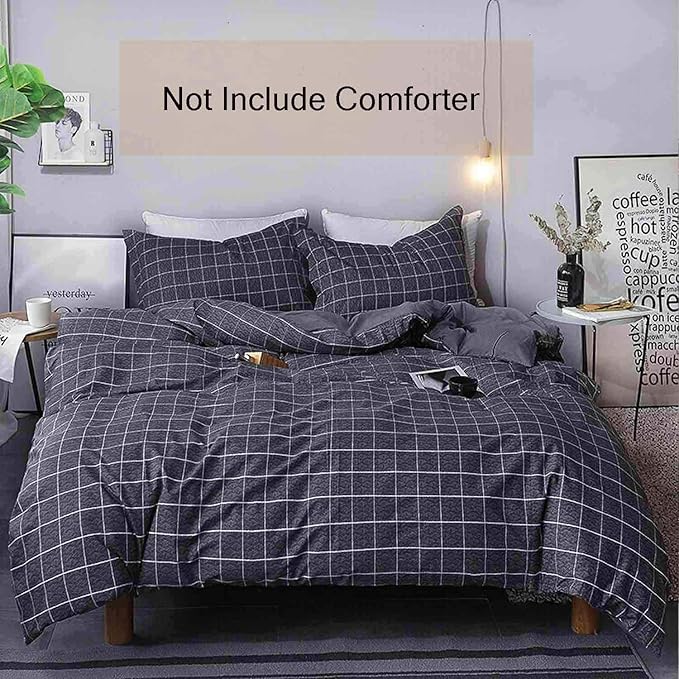 Nanko Queen Duvet Cover Set Black Grid Geometric 3 Pieces 90x90 Luxury Microfiber Quilt Bedding Cover with Zipper Closure, Ties - Organic Modern Style for Men and Women, Plaid