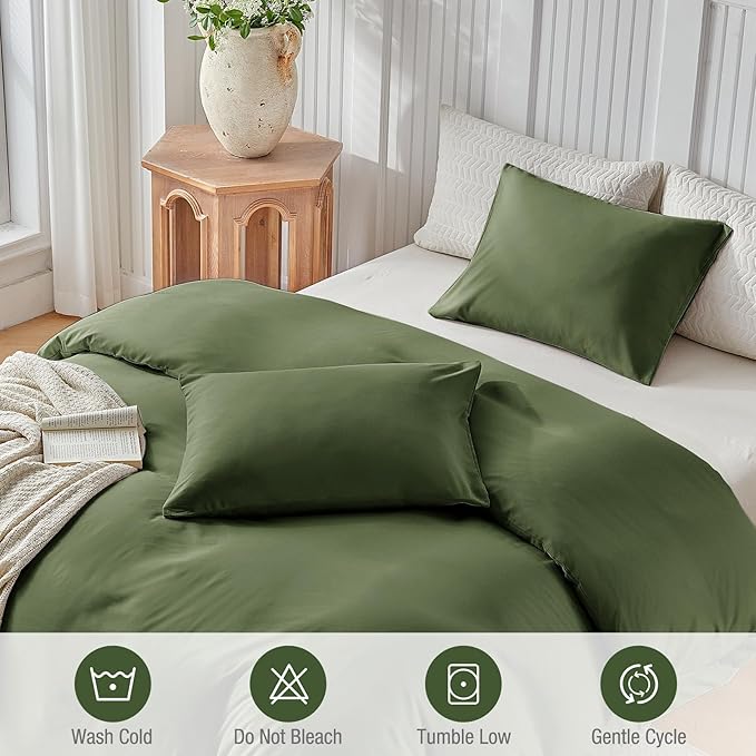 Lekesky Queen Size Duvet Cover Set, Olive Green Duvet Cover, Ultra-Soft Microfiber 3 Pieces Comforter Cover with Zipper and Corner Ties, Includes 2 Pillowcases 20"x26"