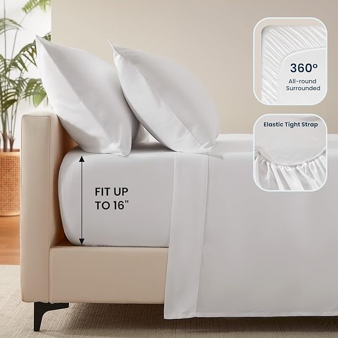 SLEEP ZONE Nanotex Super Soft Cooling Twin Bed Sheets Set for Kids 3 Piece - Easy Care Fitted Flat Sheet & Pillowcase Sets - Wrinkle Free, Fade Resistant, Deep Pocket 16" (White, Twin)