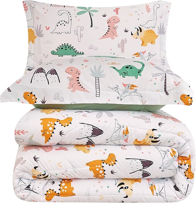 Yibeizi Dinosaur Kids Comforter Set for Boys Full Size, Cute Quilted Dino Printed Bedding Set with Pillow Sham, Lightweight Soft Breathable Machine Washable Bed Set 3 Piece
