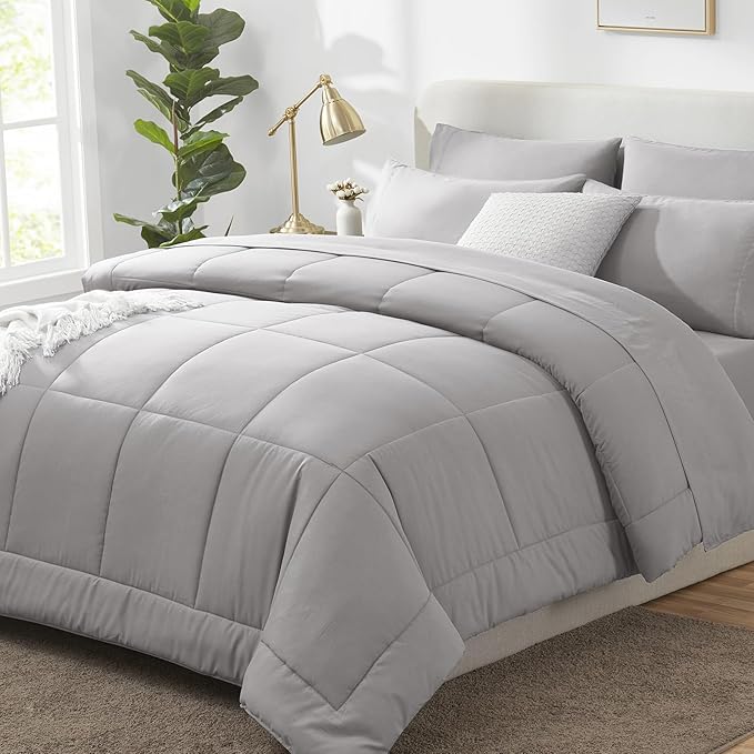 CozyLux King Size Comforter Set French Grey, 7 Pieces Bed in a Bag, Grey Comforter King Size, All Season Bedding Sets with Stitch Quilted Comforter, Flat Sheet, Fitted Sheet, Pillowcases