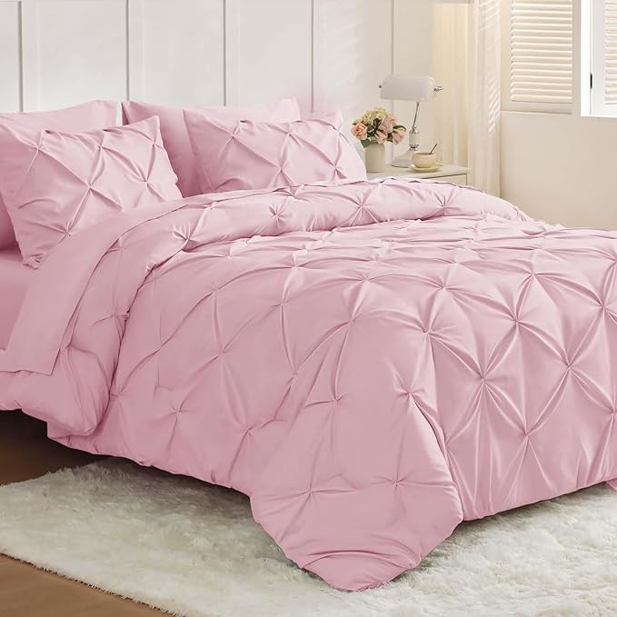 JOLLYVOGUE Queen Comforter Set 7 Pieces - Bed in a Bag Queen for All Season, Pintuck Bedding Comforter Sets with Comforter, Flat Sheet, Fitted Sheet and Pillowcases & Shams, Baby Pink